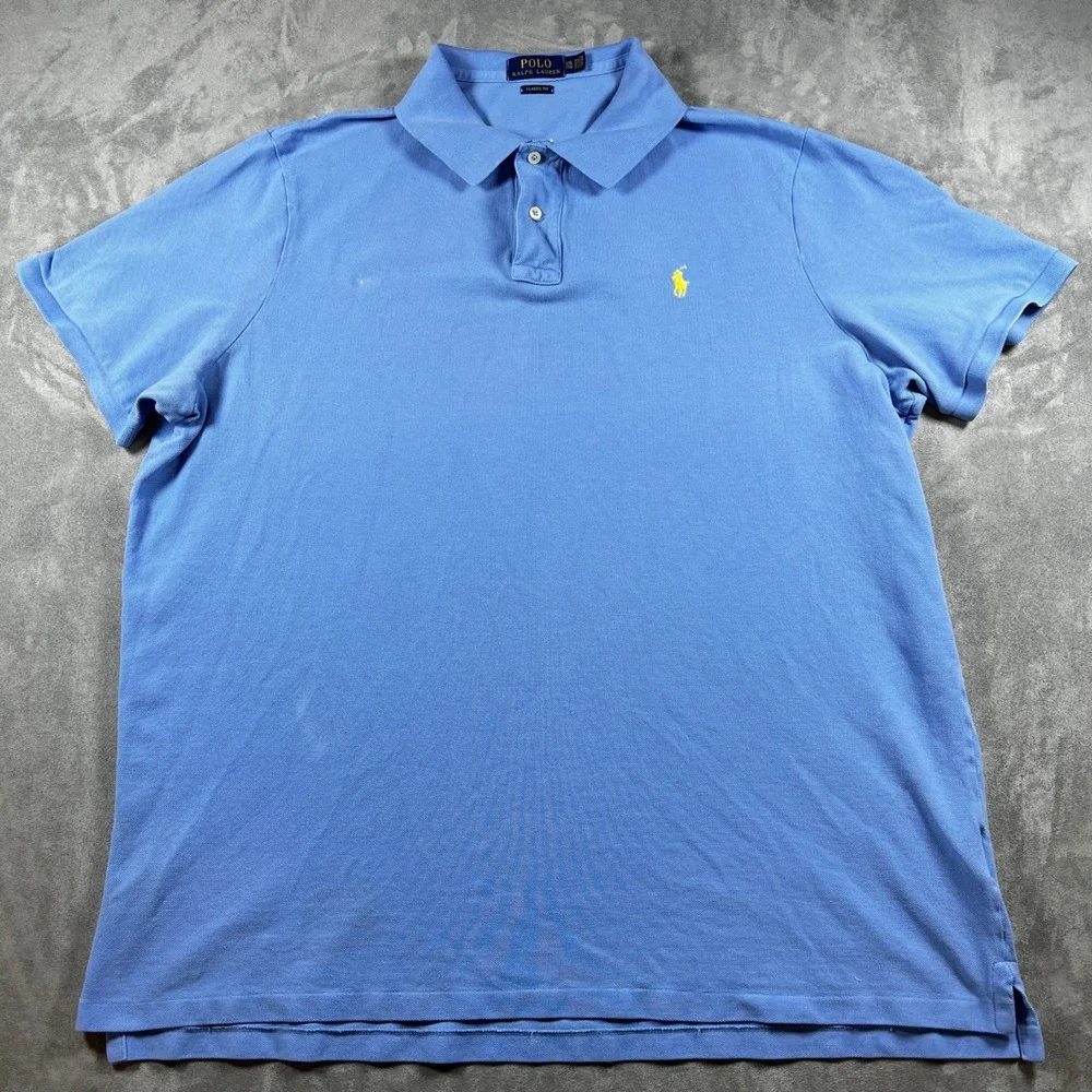 Polo Ralph Lauren Mens XXL Classic Fit Blue Short Sleeve Pique Polo Shirt Yellow